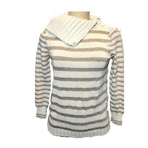 Marc Jacob's Fitted Foldover Neck Cream & Metallic Gold Shimmer Striped Sweater